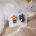 Asymmetric 925 silver studs with pink flower and blue dinosaur cartoon design - Flower and Dinosaur (E2082-2)