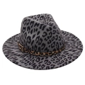 Detail of leopard print felt fedora featuring grey base and decorative buckle band - One Size / Grey Leopard