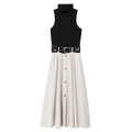 Vestido sin mangas con cuello alto en negro y beige con cinturón ancho de hebilla - XS