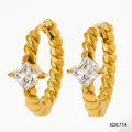Twisted gold hoop earrings featuring a square-cut clear zircon in a four-prong setting - Gold White Gemstone (KDE714)