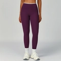 Dunkelviolette High-Waist Yoga-Leggings mit weißem Kontrastbesatz am Taillenbund - Kyoho-Violett