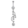 Silver S-curve belly button ring with dangling round clear cubic zirconia gems - Silver S-Shape Curve