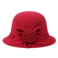Close-up of elegant dark red wool felt cloche hat featuring handcrafted 3D flower detail - M (56-58cm) / Burgundy