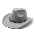 Detail of gray felt cowboy hat featuring steampunk gear decoration on a woven band - M(56-58cm) / Gray