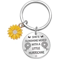 Inspirational sunflower stainless steel keychain with engraved sunshine quote for women - She's sunshine mixed with a little hurricane
