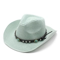 Detail of mint green straw cowboy hat with turquoise beads and silver rivets on leather band - Mint Green