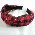 Christmas series red and black plaid knotted headband with white snowflake patterns - Snowflake Red Black Plaid