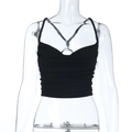 Detail of black halter crop top with ribbed texture and criss-cross thin straps design - S / Black