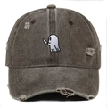 Close-up of cute ghost embroidery and distressed ripped details on cotton baseball cap - One Size / Coffee