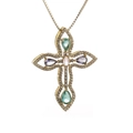 Gold cross necklace with colorful zircon stones and pear-cut purple and green gems - Multicolor/Gold