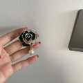Elegant gold-framed black rose brooch with a pearl drop pendant for coats and suits - 291# Black Camellia