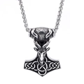 Nordic Mjolnir Thor Hammer pendant necklace with ram head and Celtic knot in antique silver - Steel Color (No Chain) (A0716)