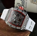 Luxury iced-out tonneau watch with red inner bezel and white rubber strap - Black Dial Silver Case White Strap