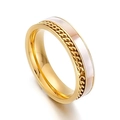 Bague large en acier inoxydable doré avec insert en nacre et texture de chaîne punk - Style Chaîne en Nacre (KR92928-GC)