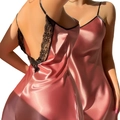 Eleganteres champagner-rosa Seidensatin-Nachthemd mit schwarzer Blumen-Spitzenstickerei - S / Rosa