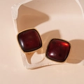 Macro shot of square wine red resin stud earrings with golden metal frames and glitter - Silver Needle Square (Red) / Red