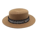 Detail of the brown boater straw hat featuring a tweed band and golden M logo charm - M (56-58cm) / Brown