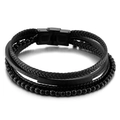 Mehrlagiges schwarzes Lederarmband für Herren mit geflochtener Kordel und geometrischen Perlen - Schwarzer Stil (KB146274-KLHQ)