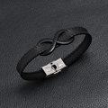 Men's fashion leather bracelet with black infinity symbol and stainless steel clasp - Black