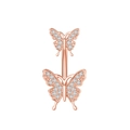 Macro view of a rose gold belly button ring with two crystal-studded butterfly charms - 2788 Rose Gold Double Butterfly
