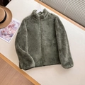 Cozy sage green fleece jacket with standing collar and full zipper on a wooden hanger - Army Green