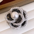 Vintage style 14k gold plated flower brooch with a large white pearl and tweed details - 78# Black - Flower