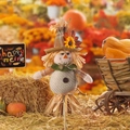Harvest festival scarecrow pick with plaid hat and sunflower for autumn home decoration - Beige Outfit with Green Scarf