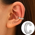 Silver ear cuff with square zirconia stones shown on ear and in a product close-up - White K - Single Layer Classic Drill (X444)