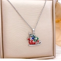 Silver Christmas necklace with sled and tree pendant in colorful enamel finish - Christmas Sleigh / Silver