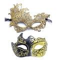 Detail of gold lace mask and black-yellow glitter masquerade masks for party costumes - Gold Ox Horn Mask + Gold Lace Phoenix Mask