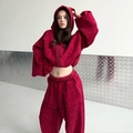Oversize dark red washed cotton tracksuit with zip-up hoodie and wide-leg sweatpants - S / Red