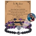 Custom photo projection bracelet set with purple agate and black lava stone beads - Purple Agate & Lava Stone Projection Set (Couple Bracelet-16)