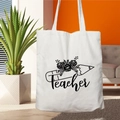 White canvas tote bag with Teacher Life print and floral pencil art for daily use - STD67-Z (Pencil Art Design)