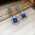 Vintage gold earrings with blue cameo and square blue gemstone in retro palace style - Vintage Portrait Relief Gem / 62# Silver Post-Gold-Blue