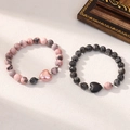 Pink and black beaded magnetic heart bracelets for couples with natural stone beads - Natural Stone Style - Black Pink Heart Pendant