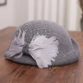 Elegant grey wool beret hat with feathers and mesh veil on a natural wooden background - M (56-58cm) / Marl Grey