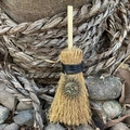 Mini wicca straw broom car pendant with metallic sun face charm and crystal accessory - Sun Smile Bronze