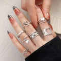 7-piece silver heart ring set with vintage texture and adjustable open bands for women - Vintage Silver Heart Theme Ring Set / Antique Silver