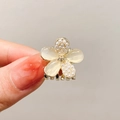Mini gold flower hair claw clip with cream pearls and opal effect petals for hair styling - Pearl Cat Eye Flower