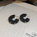 Bohemian C-shaped hoop earrings with black woven rope and gold beads detailing - Black Gold Textured C-Shaped Beaded Hoop Earrings (57#)