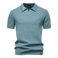 Detailed view of the light blue knit polo shirt with waffle texture and v-neckline - Light Blue