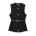 Gilet long sans manches noir chic avec col rond, ceinture en cuir et boutons d'or - XS / Haut Noir
