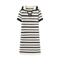 Kurzärmeliges Strickkleid mit Streifenmuster in Creme und Marineblau im Polo-Stil - S / Gestreift