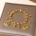 Double-layered gold stainless steel heart bracelet with family silhouettes and cubic zirconia - Hollow Mother Son Rhinestone Heart Style (KB203687-Z)