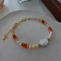 Handmade tiger eye and baroque pearl beaded bracelet with orange natural stones - Pearl Bracelet SL0116