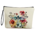 Borsa trucco in lino con libellula, stampa floreale e cinturino da polso nero in crema - Libellula Blu-Verde e Floreale Rosa-Arancio (Stile 4)