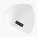 Detailed view of white ribbed knit beanie with black 'SPORT' tag and silver rivet accents - White