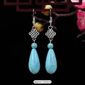 Ethnic retro earrings with turquoise teardrops and silver knot pattern, 4.5x1cm - 22-Large Waterdrop Drop
