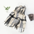 Plaid cashmere-like scarf with beige grey black blocks and long tassels in Korean style - Smoky Gray Black Stripe