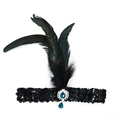 Bandeau Gatsby à paillettes noires avec plumes vert foncé et pierre bleue - Plume Paillette - Pendentif Bleu Type A